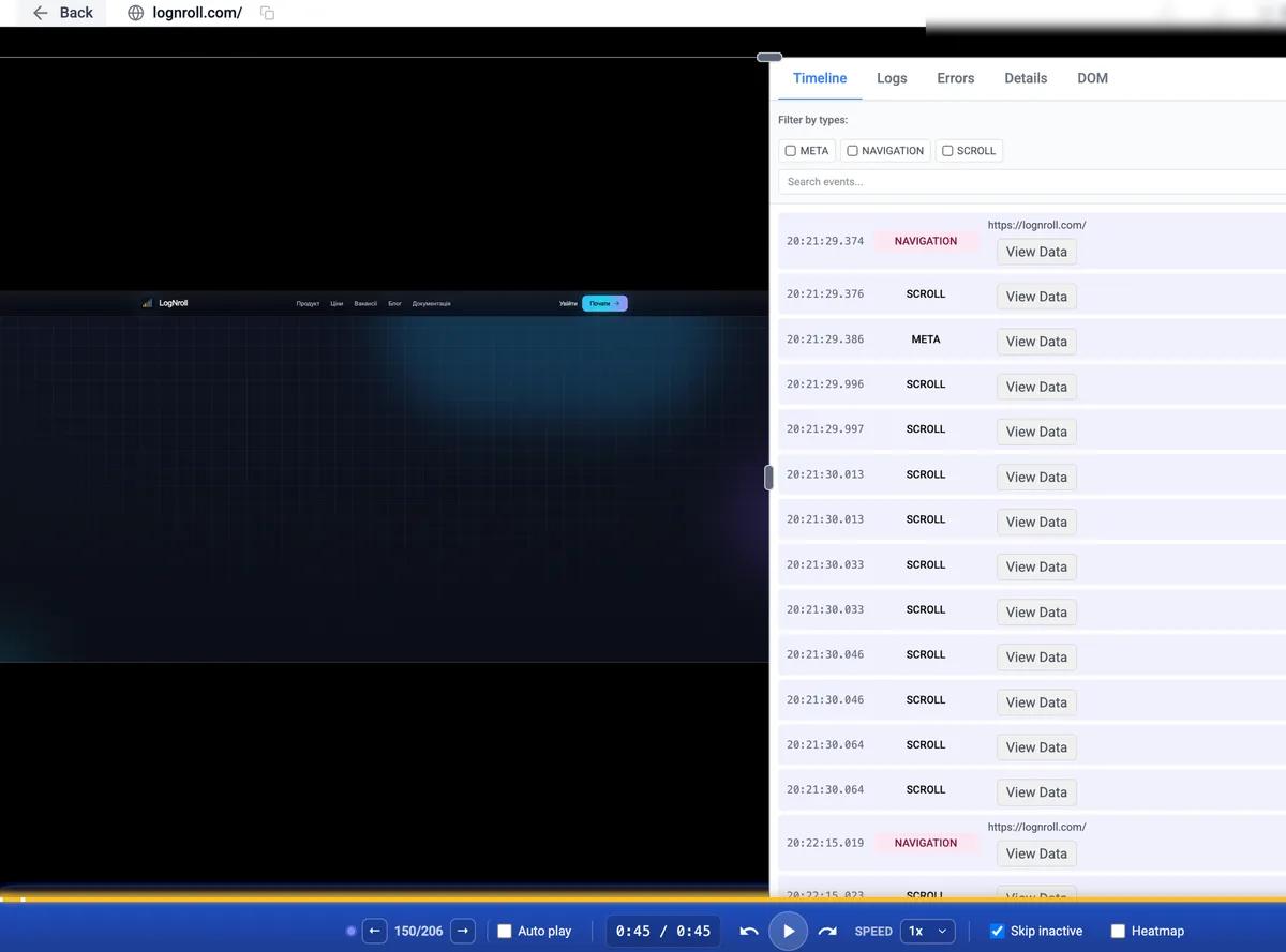 LogNroll Session Replay Player with network panel and timeline