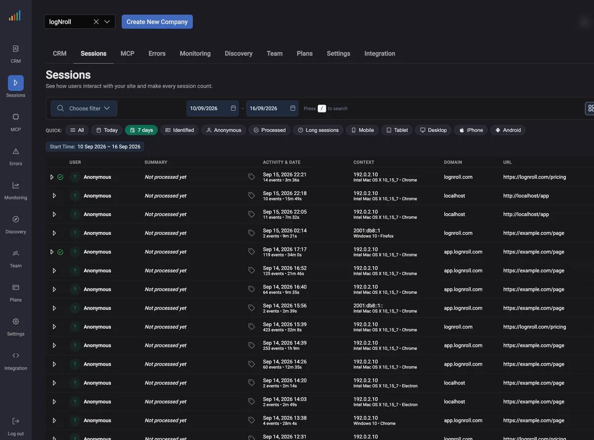 LogNroll Sessions Dashboard with search, filters, and session details